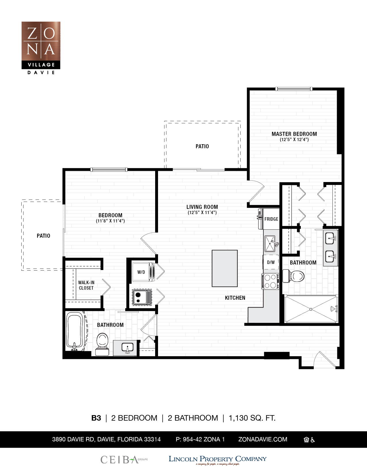 Floor plan for 2 beds, 2 baths, 1130 sqft